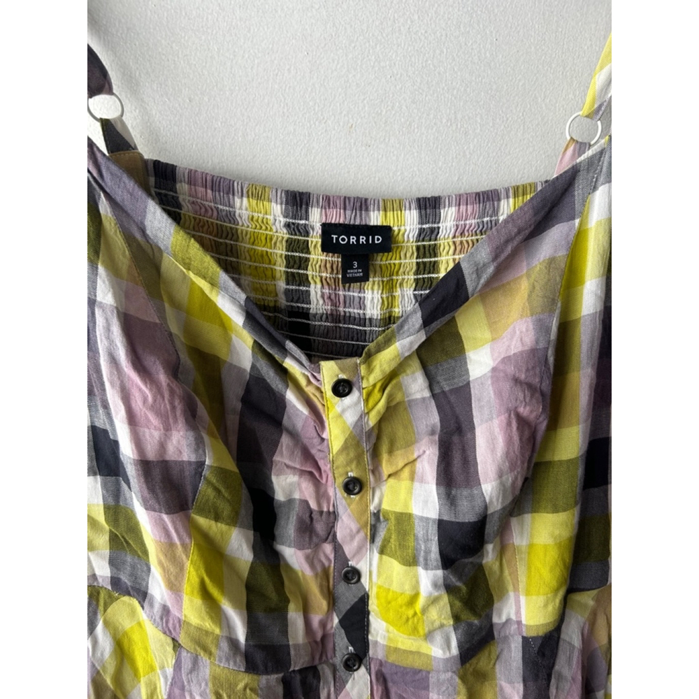 Torrid Plaid Challis Button Front Midi Dress Size 3 Yellow Purple - Picture 6 of 7